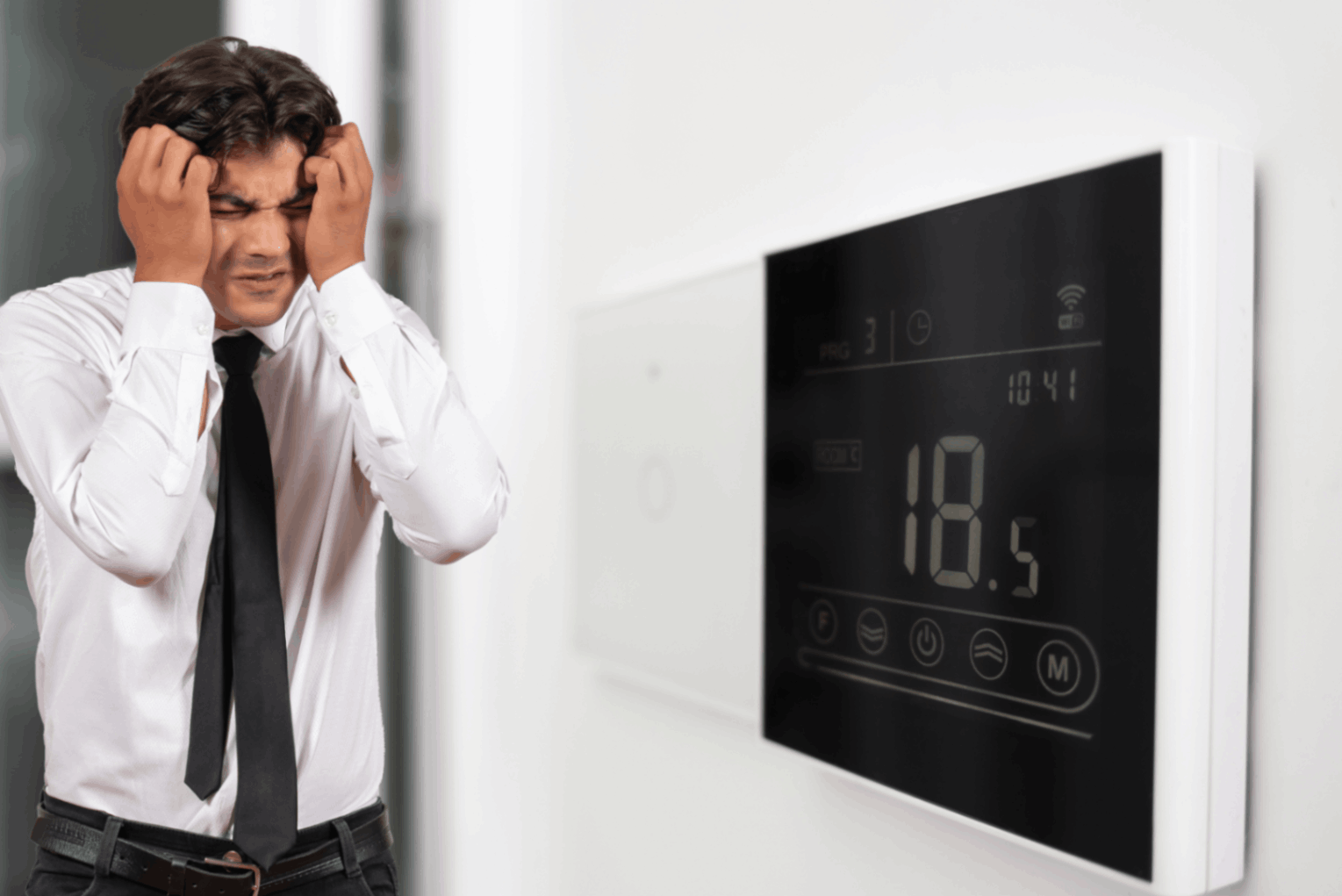 an image of a person struggling with thermostat problems